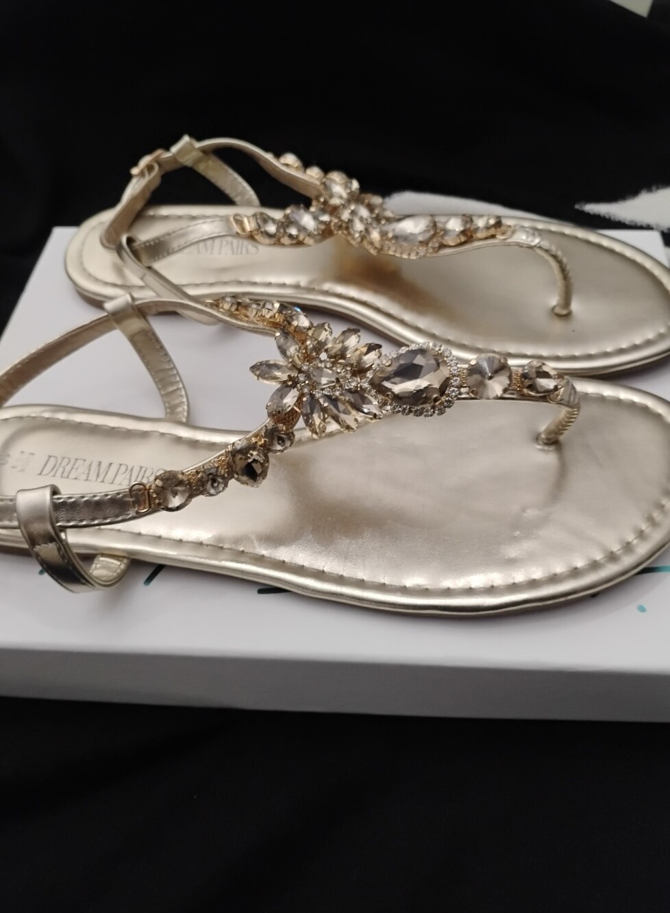 Bejeweled Gold Metallic T Strap Sandals by Dream Pairs Sz 10 - Picture 9 of 10